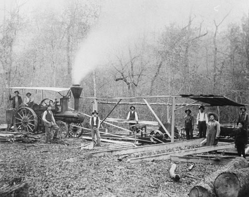 Sawmill powered by a steam engine, circa 1900. Patrick County, Virginia. 